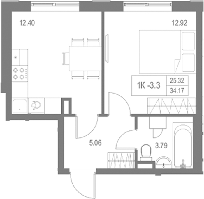 1-комнатная квартира 34.17 м², 16/17 эт., Комплекс апартаментов «Zoom на Неве»